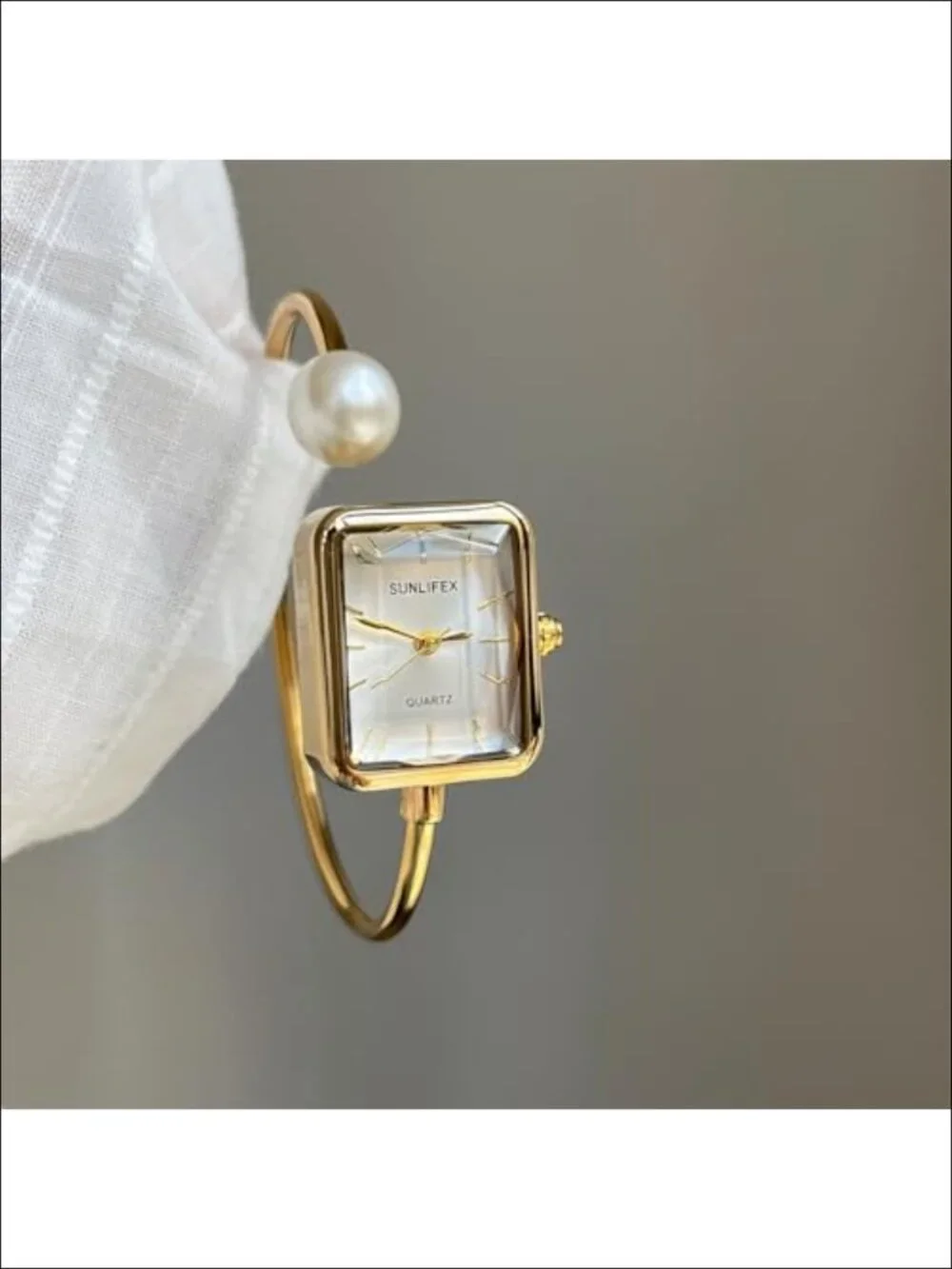Pearl Bangle Watch for Women, Gold Square Dial Easy Read Cuff Watch, Quartz